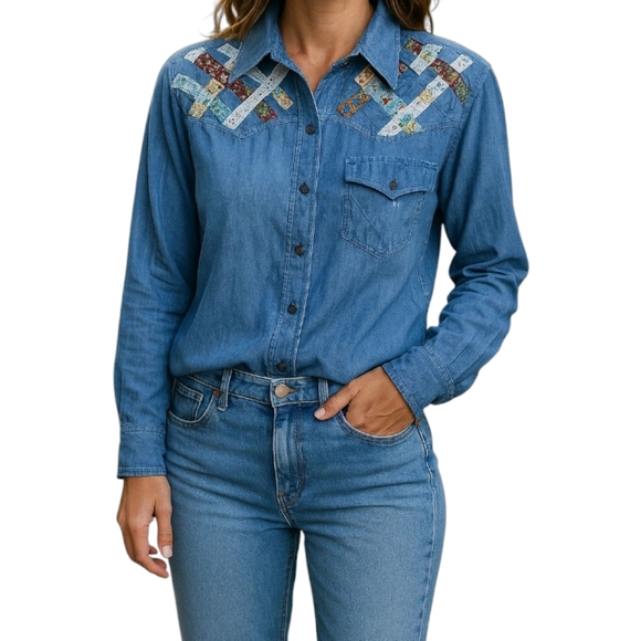 Vintage Blue Handmade Patchwork Buttondown Longsleeve Shirt - Picture 1 of 13